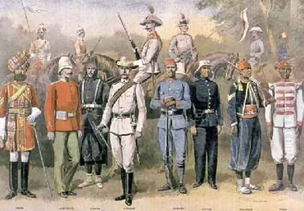 English colonial armies in their respective uniforms in celebration of the Jubilee of Queen Victoria 21 June 1883 illustration from Le Petit Journal 1899 - view 1
