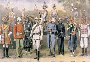 English colonial armies in their respective uniforms in celebration of the Jubilee of Queen Victoria 21 June 1883 illustration from Le Petit Journal 1899 by P.H.G.V. Michel