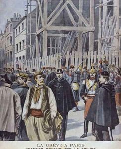 Strike in Paris building site protected by the army illustration from Le Petit Journal Supplement illustre 23rd October 1898