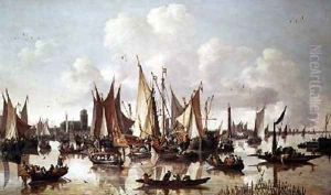 Dutch ships at Dordrecht Harbour by Hendrick de Meyer
