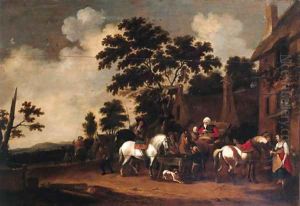 Travellers halting outside the Swan inn by Hendrick de Meyer