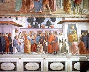 The Raising of the Son of Theophilus the King of Antioch and St Peter Enthroned as First Bishop of Antioch 1427 and 1480 by T. & Lippi, F. Masaccio