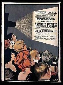 Poster advertising Edisons Life Size Animated Pictures China and Boer Wars at Curzon Hall Birmingham by Albert Morrow