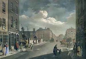 View from Capel Street looking over Essex Bridge Dublin from A set of twenty views of Dublin 1797 by James Malton