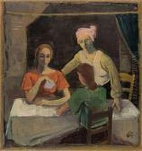 "drei Madchen Am Tisch (kartenspielerinnen)" by Carl Hofer