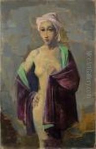 "stehende - Halbakt Mit Lila Kopftuch" by Carl Hofer