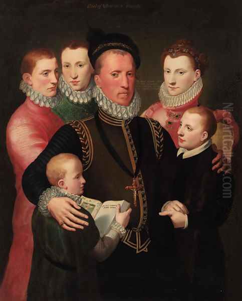 A group portrait of the Winton family, standing three-quarter-length George, 7th Lord Seton in a gold-trimmed black doublet - view 1
