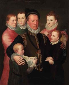 A group portrait of the Winton family, standing three-quarter-length George, 7th Lord Seton in a gold-trimmed black doublet