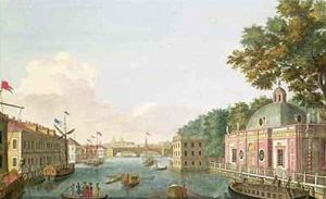 View of the Fontanka River from the grotto and the Guest Palace by Makhaev, Mikhail Ivanovich