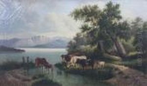 Cattle Watering At A Lakeside Edge, Near A Log Cabin