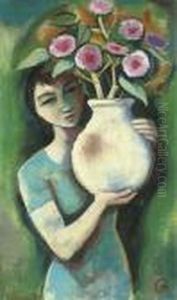 Madchen, Eine Vase Mit Blumen Haltend by Carl Hofer