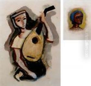 Madchen Mit Laute (#) Weiblicher Kopf Nach Rechts by Carl Hofer