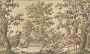 Fantastic birds frolicking in a wooded landscape by Daniel the Elder Marot