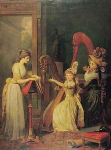 Harp lesson given by Madame de Genlis to Mademoiselle dOrleans with Mademoiselle Pamela Turning the Pages 1842 by Jean Baptiste Mauzaisse