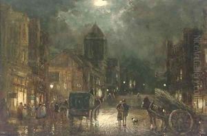 Figures and carriages on a street by moonlight (illustrated) by William Manners