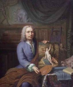 Portrait of the Artists Father holding his painting Erigone by Frans van the Younger Mieris