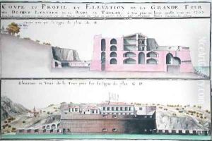 Cross-section and elevation of the harbour tower at Toulon from Traite de Fortifications by Claude Masse