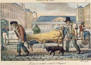 An invalid being carried to the hospital from the Tableaux de Paris series 1820 by Jean Henri Marlet