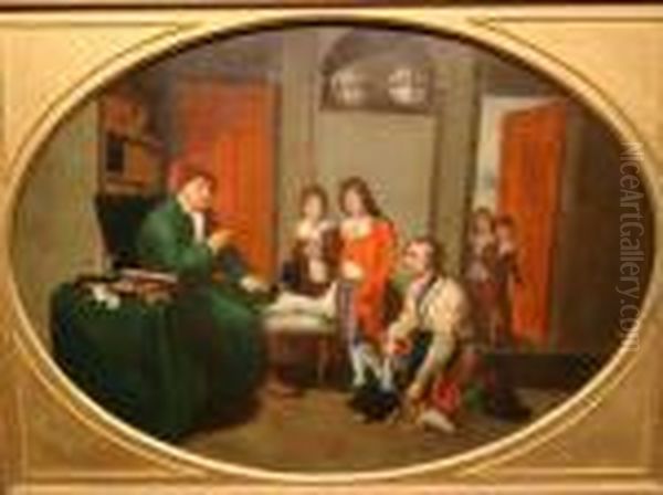 An Interior Of A Study, With A 
Gentleman With Gout Instructing Two Young Boys, With A Servant 
Presenting A Kerchief Full Of Apples, Watched By Two Young Children In 
The Doorway. - view 1