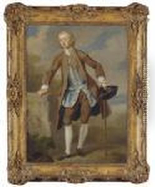 Portrait Of Gustavus Hamilton,
2nd Viscount Boyne (1710-1746), Small Full-length, In A Brown Coat And
Breeches With A Blue Silk Waistcoat, A Tricorn Hat And A Walking Stick
In His Left Hand, In A Landscape - view 1