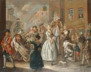 A Young Woman Walking Through A Crowded City Street by William Hogarth