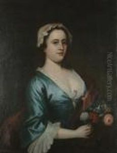 Portrait Of A Young Lady Half Length, Wearing A Blue Dress, Holding A Posey Of Flowers