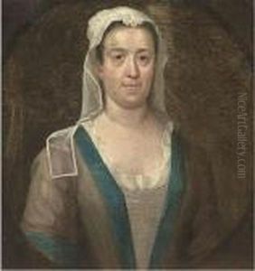 Portrait Of A Maid, Half-length,
 Wearing A Blue And Grey Dress Witha Lace Bonnet, In A Feigned Oval