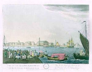 View of the Neva the Harbour and the Exchange at St Petersburg by Mornay