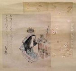 A Courtesan Standing By A Bamboo Fence