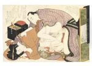 A Couple Making Love In
Front Of A Screen Painted With Irises by Katsushika Hokusai