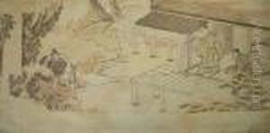 Figures Seated In A Interior With Attendants by Katsushika Hokusai