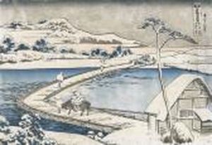Bootsbrucke Bei Sano. by Katsushika Hokusai
