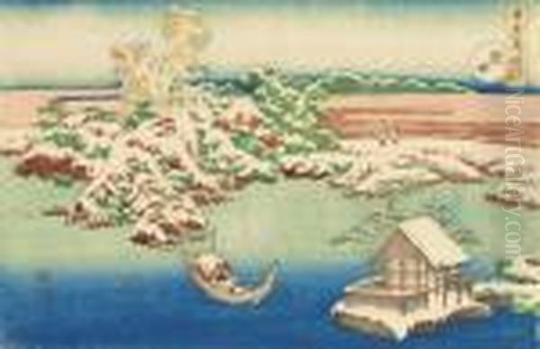 From A Setsugekka [snow, Moon 
And Flowers] Series, Snow Over The Sumida River, A Fisherman Watching 
His Net In A Silent Snowy Setting, Signed Zen Hokusai Iitsu Hitsu - view 1
