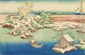 From A Setsugekka [snow, Moon 
And Flowers] Series, Snow Over The Sumida River, A Fisherman Watching 
His Net In A Silent Snowy Setting, Signed Zen Hokusai Iitsu Hitsu by Katsushika Hokusai