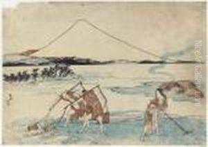 Two Prints, Men Gathering Salt,
Buckets Suspended From Poles Acrosstheir Shoulders And A Woman Raking
Salt In Shallow Water, Salt Hutsto The Right, Mount Fuji In The
Background, From The Series Fujihakkei Zu (eight Views Of Mount Fuji),
Signed Kat by Katsushika Hokusai