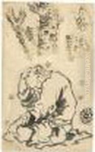 Feuille D'etudes : Un Homme Assis Et Etudes D'arbres by Katsushika Hokusai