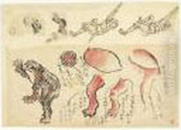 Feuille D'etudes : Kappa, Tete De Chat, Coiffure De Femme Et Personnage En Ascension - view 1