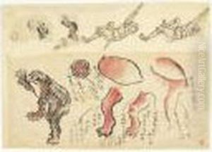 Feuille D'etudes : Kappa, Tete De Chat, Coiffure De Femme Et Personnage En Ascension by Katsushika Hokusai