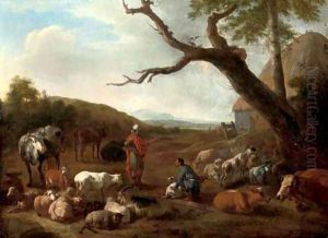 An Italianate wooded landscape with the departure of Jacob and Laban by Jan van der Meer