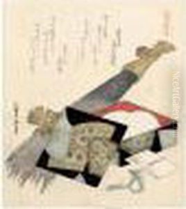 Surimono: Anba Umafubuki. Cheval D'arcons Et Bardane by Katsushika Hokusai