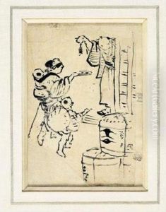 Dessin: Une Femme Et Son Enfant Faisant L'aumone by Katsushika Hokusai
