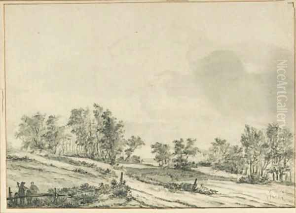 An wooded landscape with travellers by a fence - view 1