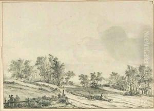 An wooded landscape with travellers by a fence by Jan van der Meer