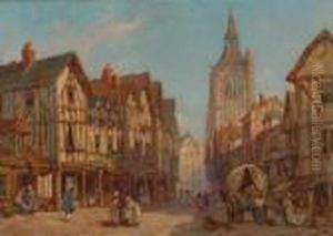 Continental Street Scene With Numerous Figures