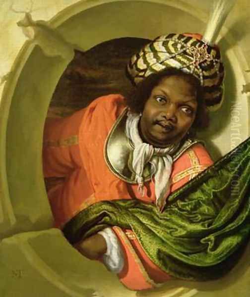 Portrait of a Moor holding a flag at a window - view 1