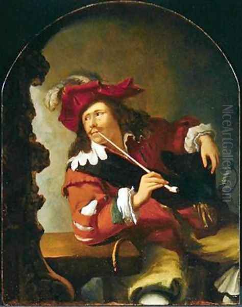 A Young Man Seated at at Table Smoking a Pipe while Gazing into a Mirror - view 1