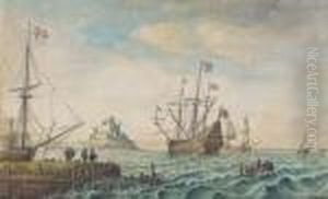 An English Galleon Anchored Off A Fortified Port