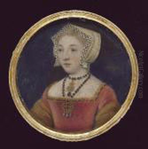 Jane Seymour (c.1509-37), 
Wearing Crimson Velvet Dress Trimmed With Ouches (black Onyx Cabouchon),
 Gold Lined Oversleeves, Gem Set Gold Brooch With Pendant Pearls, Two 
Strand Necklace With Pendant Set With Carnelian And Black Onyx 
Cabouchon, Gable - view 1