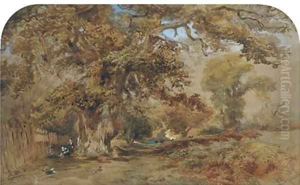 Figures by a path in a wooded landscape, with deer beyond - view 1