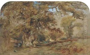 Figures by a path in a wooded landscape, with deer beyond by David Hall McKewan